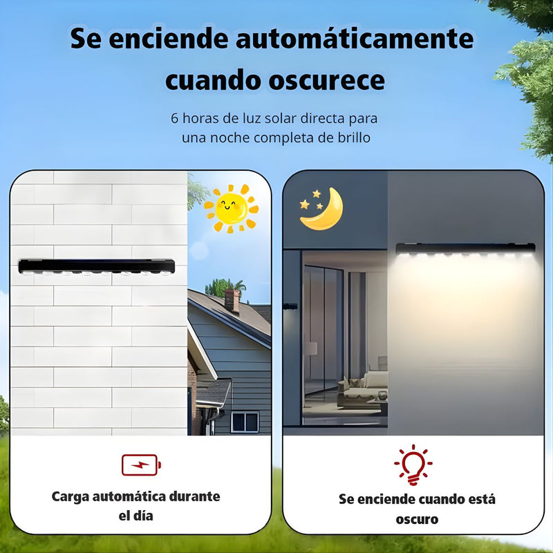 Lámpara Solar LED lineal con 8 Focos. Luz Cálida Impermeable para exterior. Iluminación con panel solar.
