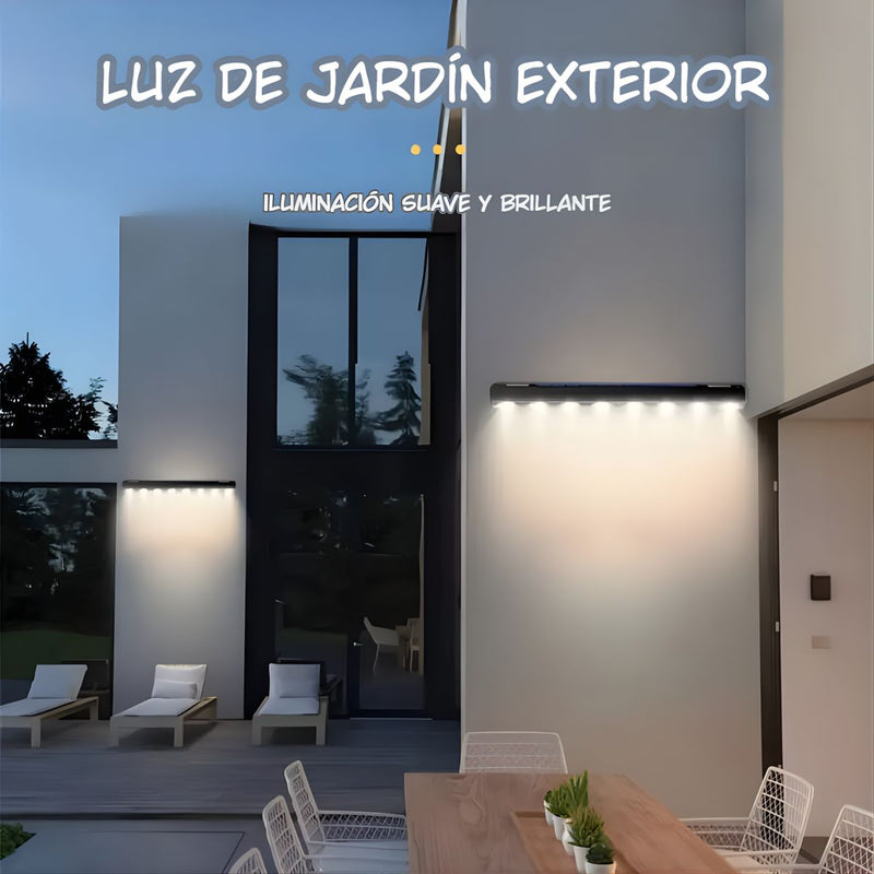 Lámpara Solar LED lineal con 8 Focos. Luz Cálida Impermeable para exterior. Iluminación con panel solar.