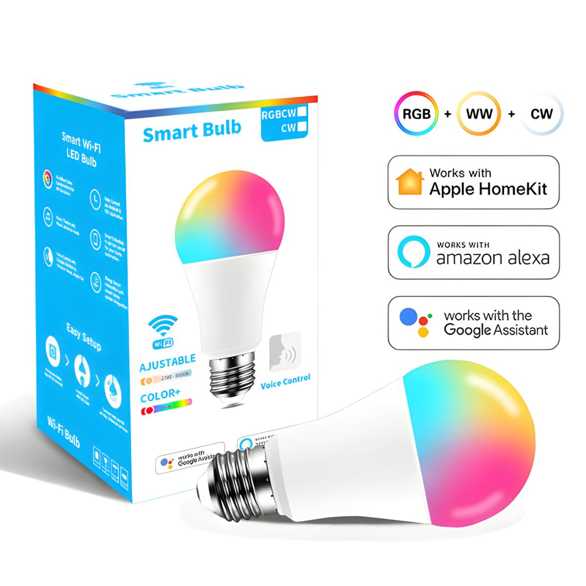 Foco Bombillo LED Inteligente WiFi 9W RGB+CW+WW. Compatible con Apple HomeKit, Alexa y Google Assistant. Luz multicolor regulable.