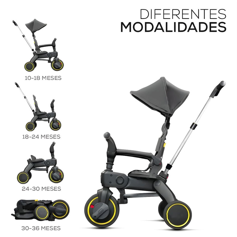 Coche Triciclo Plegable para Bebé con Bolsa y Reposabrazos Acolchado. Color Gris. Cochecito para niños.