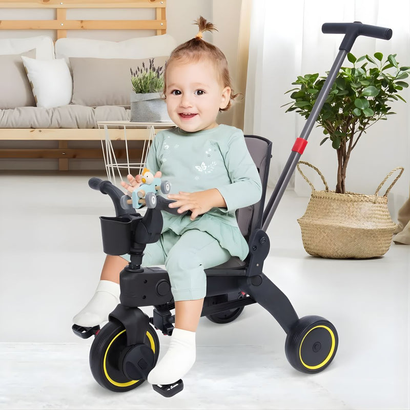 Coche Triciclo Plegable para Bebé con Bolsa y Reposabrazos Acolchado. Color Gris. Cochecito para niños.