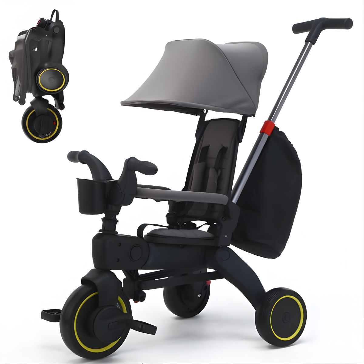 Coche Triciclo Plegable para Bebé con Bolsa y Reposabrazos Acolchado. Color Gris. Cochecito para niños.