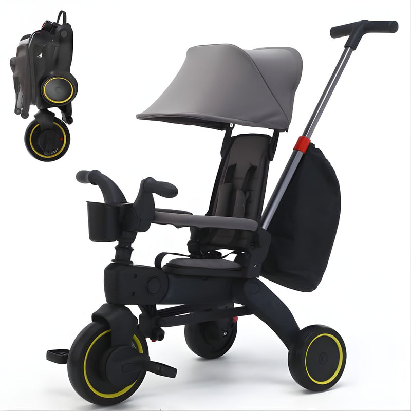 Coche Triciclo Plegable para Bebé con Bolsa y Reposabrazos Acolchado. Color Gris. Cochecito para niños.