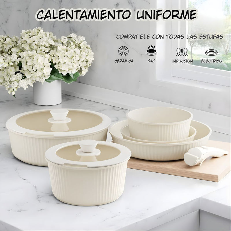 Ollas y sartenes Antiadherentes con Mangos Desmontables (Set de 11 Piezas). Apto para todo tipo de estufas. Incluye 2 tapas de vidrio.