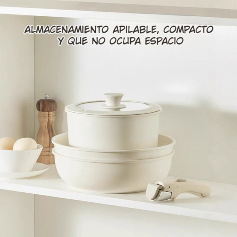 Ollas y sartenes Antiadherentes con Mangos Desmontables (Set de 11 Piezas). Apto para todo tipo de estufas. Incluye 2 tapas de vidrio.