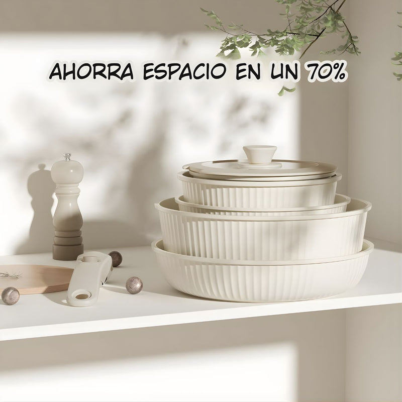 Ollas y sartenes Antiadherentes con Mangos Desmontables (Set de 11 Piezas). Apto para todo tipo de estufas. Incluye 2 tapas de vidrio.