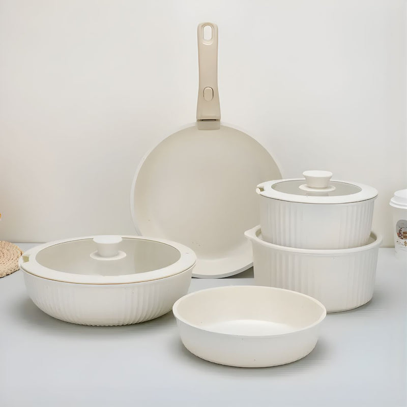 Ollas y sartenes Antiadherentes con Mangos Desmontables (Set de 11 Piezas). Apto para todo tipo de estufas. Incluye 2 tapas de vidrio.