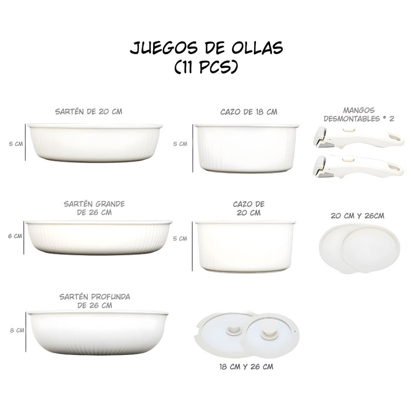 Ollas y sartenes Antiadherentes con Mangos Desmontables (Set de 11 Piezas). Apto para todo tipo de estufas. Incluye 2 tapas de vidrio.