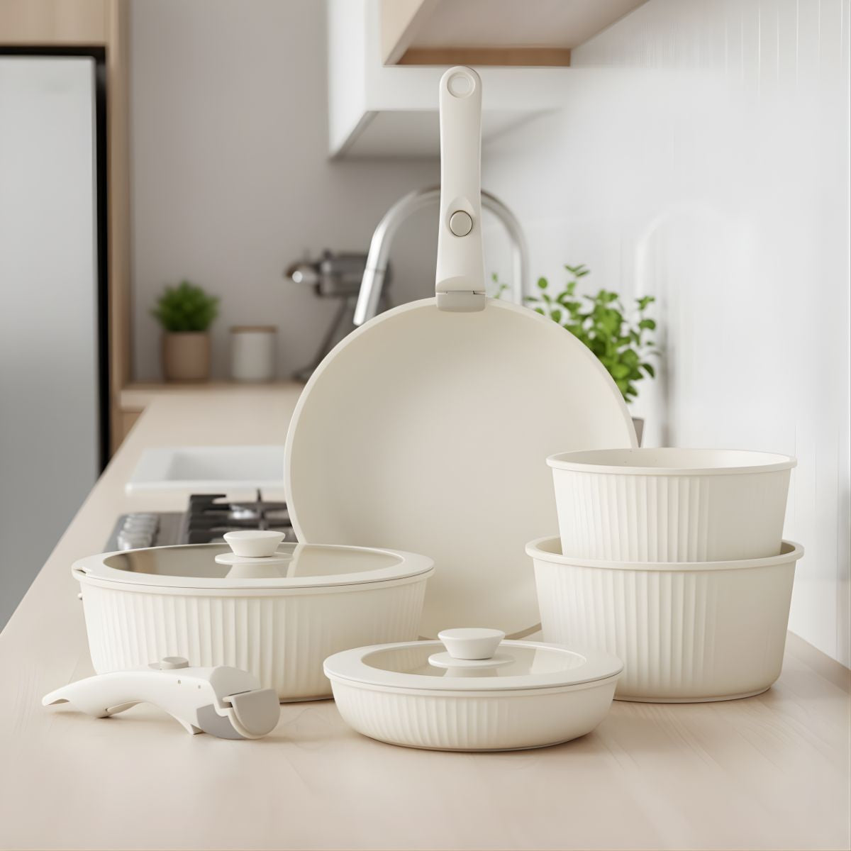 Ollas y sartenes Antiadherentes con Mangos Desmontables (Set de 11 Piezas). Apto para todo tipo de estufas. Incluye 2 tapas de vidrio.