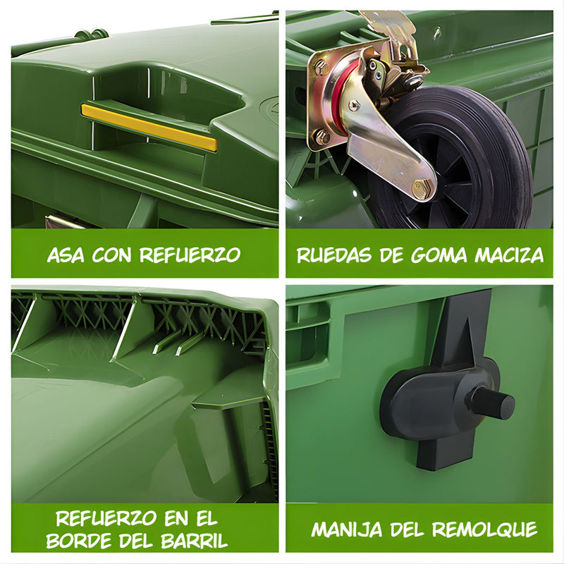 Contenedor de Basura 1100L con Ruedas y Tapa. Tanque de Residuos Industrial de Polietileno Reforzado. Color Verde.