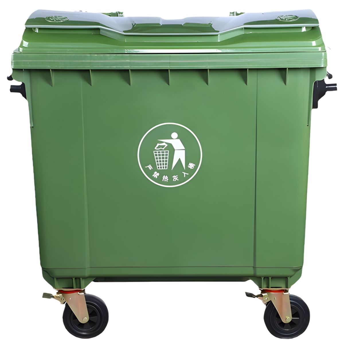 Contenedor de Basura 1100L con Ruedas y Tapa. Tanque de Residuos Industrial de Polietileno Reforzado. Color Verde.