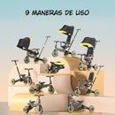 Coche Triciclo Evolutivo 9 en 1 para Bebé con Capota y Barra de Empuje Ajustable. Color Negro con Amarillo. Cochecito Infantil Plegable.
