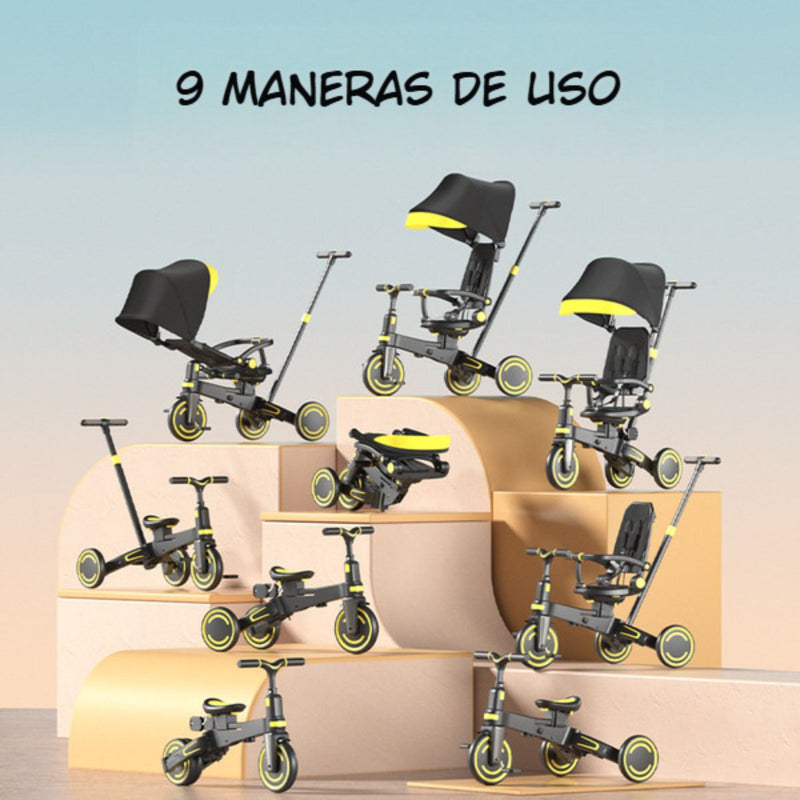 Coche Triciclo Evolutivo 9 en 1 para Bebé con Capota y Barra de Empuje Ajustable. Color Negro con Amarillo. Cochecito Infantil Plegable.