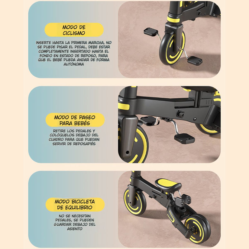 Coche Triciclo Evolutivo 9 en 1 para Bebé con Capota y Barra de Empuje Ajustable. Color Negro con Amarillo. Cochecito Infantil Plegable.