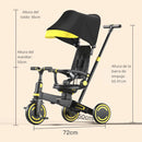 Coche Triciclo Evolutivo 9 en 1 para Bebé con Capota y Barra de Empuje Ajustable. Color Negro con Amarillo. Cochecito Infantil Plegable.
