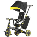 Coche Triciclo Evolutivo 9 en 1 para Bebé con Capota y Barra de Empuje Ajustable. Color Negro con Amarillo. Cochecito Infantil Plegable.