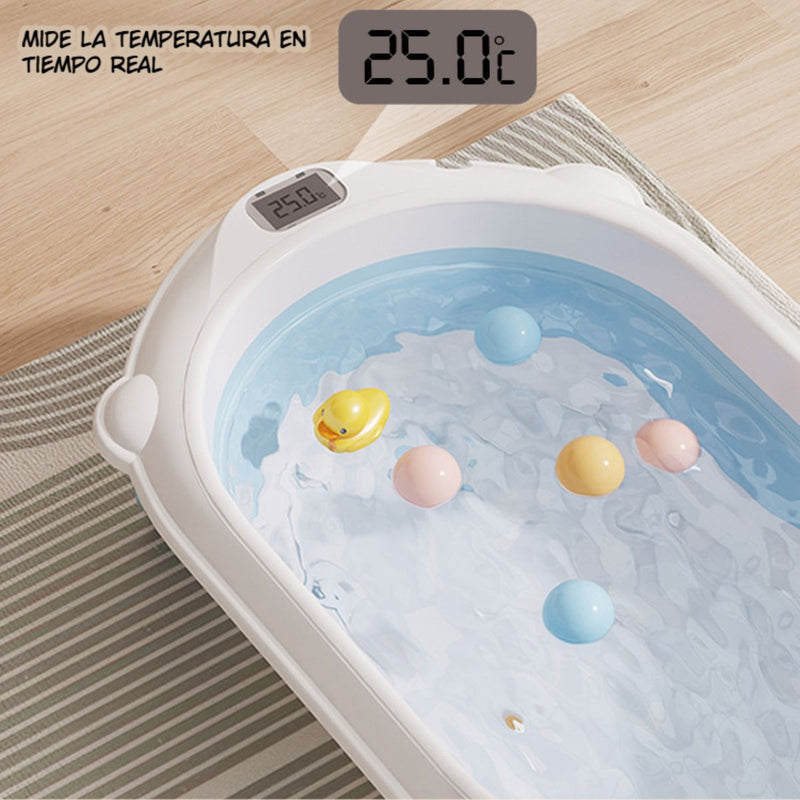 Tina Plegable para Bebé con Termómetro Digital y Cojín Antideslizante. Bañera Infantil Portátil Azul.
