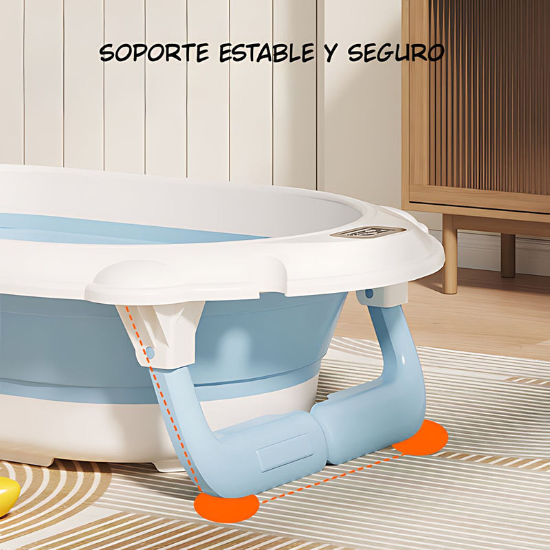 Tina Plegable para Bebé con Termómetro Digital y Cojín Antideslizante. Bañera Infantil Portátil Azul.