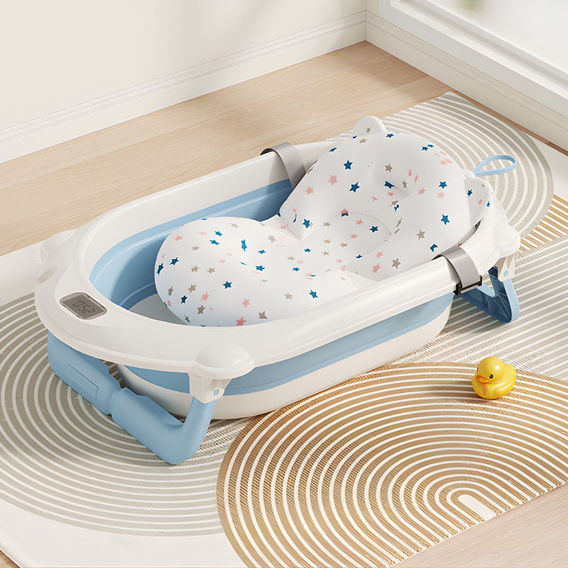 Tina Plegable para Bebé con Termómetro Digital y Cojín Antideslizante. Bañera Infantil Portátil Azul.