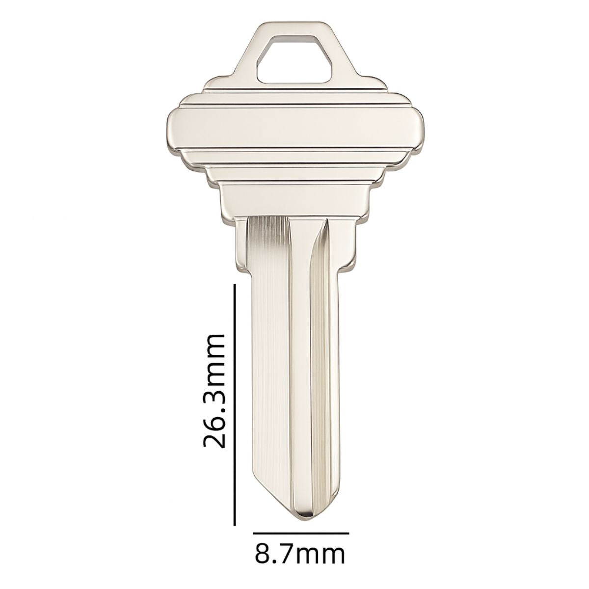 Llave en Blanco de Perfil Estándar con Cabeza Geométrica (26.3mmx8.7mm). Ideal para copia o Duplicado de Cerraduras.