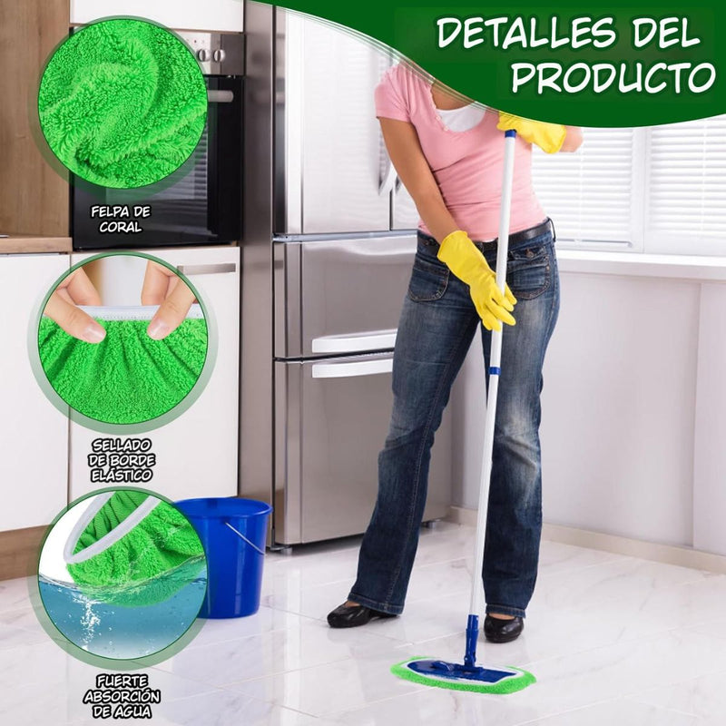 Funda de Microfibra Reutilizable para Mopa o Trapeador. Repuesto Lavable de Alta Absorción. Color verde. Tamaño grande 45.3×11.5cm.