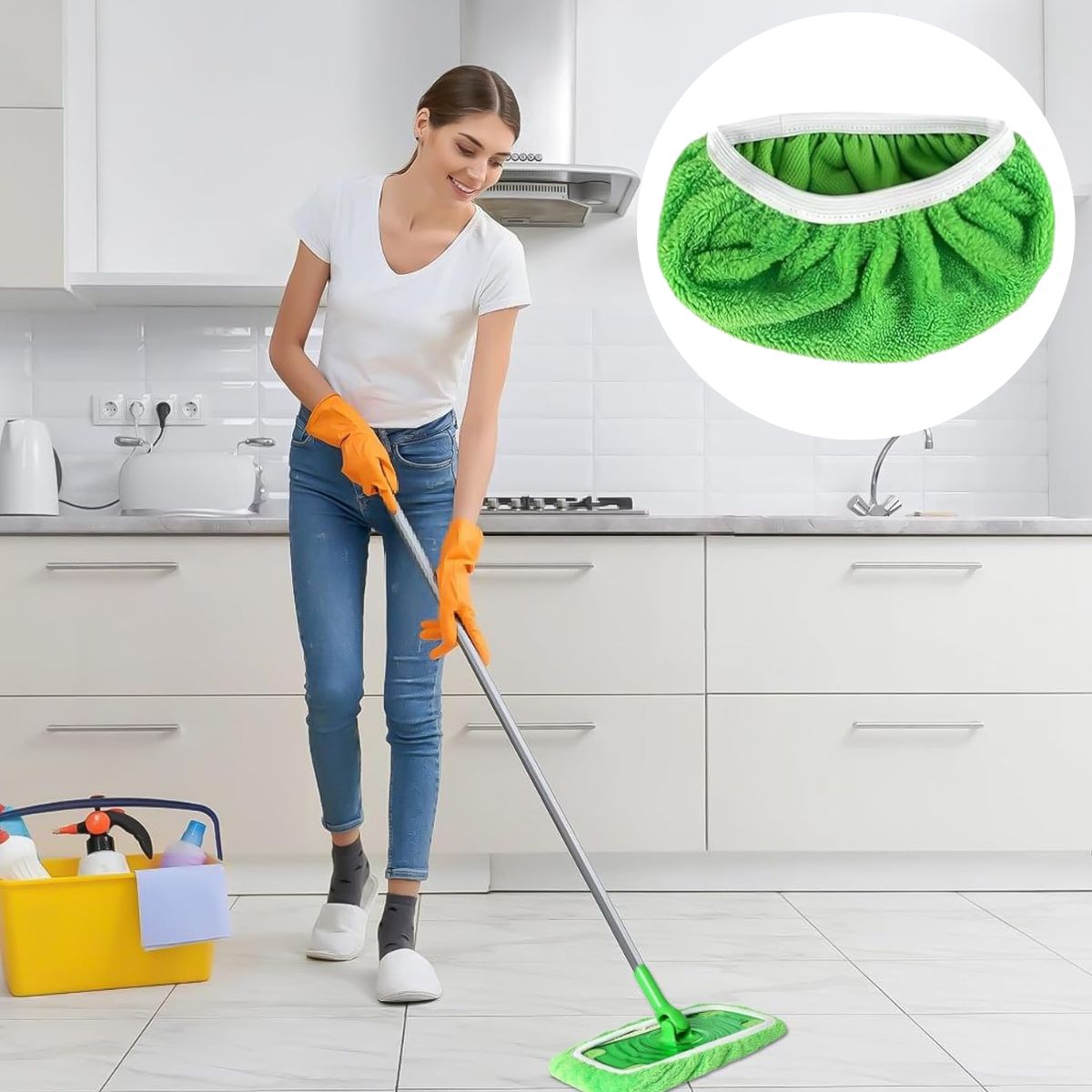 Funda de Microfibra Reutilizable para Mopa o Trapeador. Repuesto Lavable de Alta Absorción. Color verde. Tamaño grande 45.3×11.5cm.