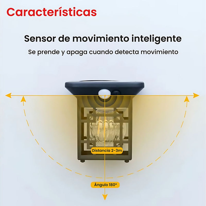 Lámpara Solar Decorativa con Sensor de Movimiento 1200 mAh. Foco LED con Panel Solar. Luz Cálida para Jardín o Pared Exterior.