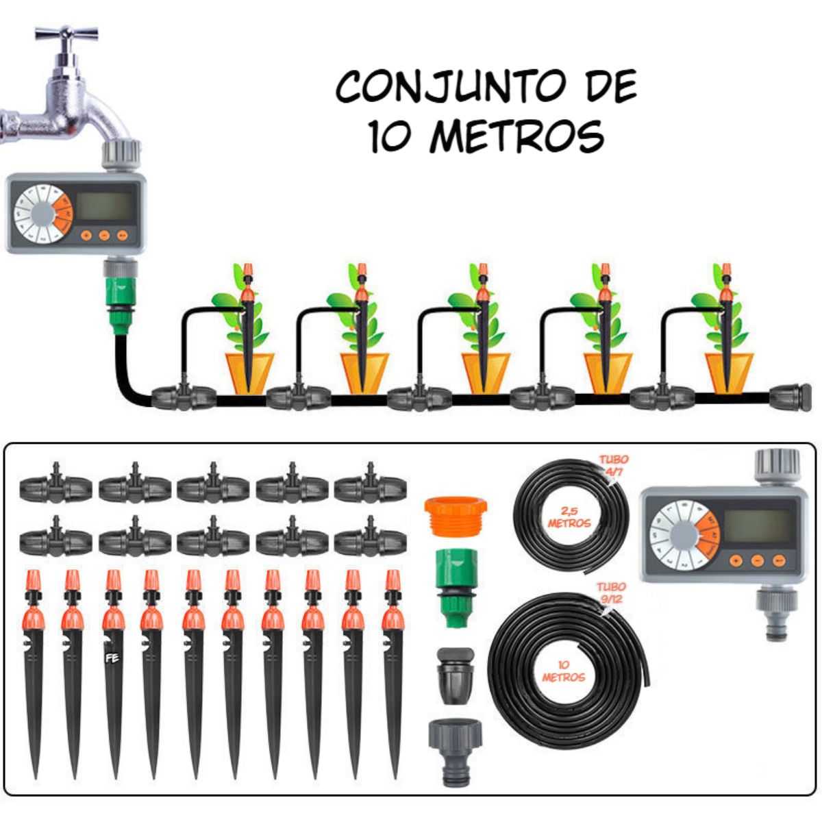 Temporizador de Riego Automático Digital con Pantalla LCD. Set de 10 Metros para Jardín o Terraza. Sistema Programable de Irrigación.
