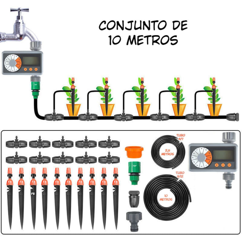 Temporizador de Riego Automático Digital con Pantalla LCD. Set de 10 Metros para Jardín o Terraza. Sistema Programable de Irrigación.