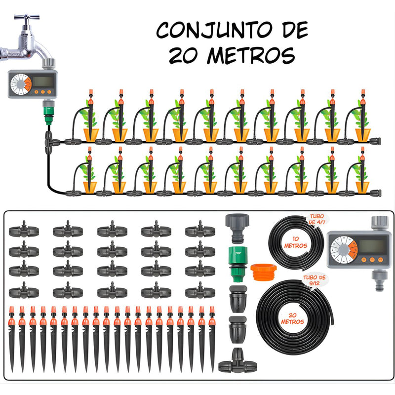 Temporizador de Riego Automático Digital con Pantalla LCD. Set de 20 Metros para Jardín o Terraza. Sistema Programable de Irrigación.
