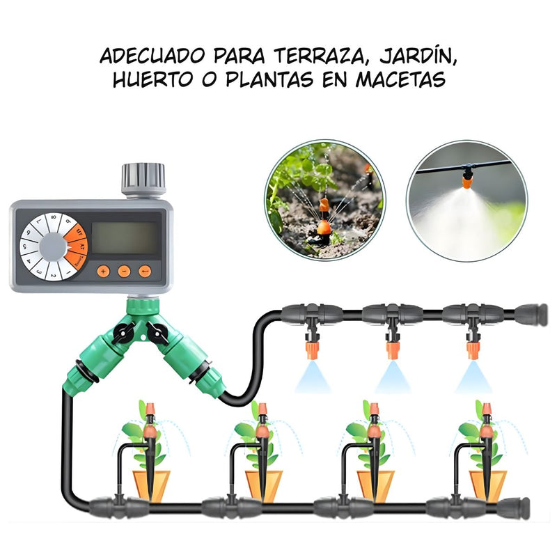 Temporizador de Riego Automático Digital con Pantalla LCD. Set Doble Vía de 40 Metros para Jardín o Terraza. Sistema Programable de Irrigación.