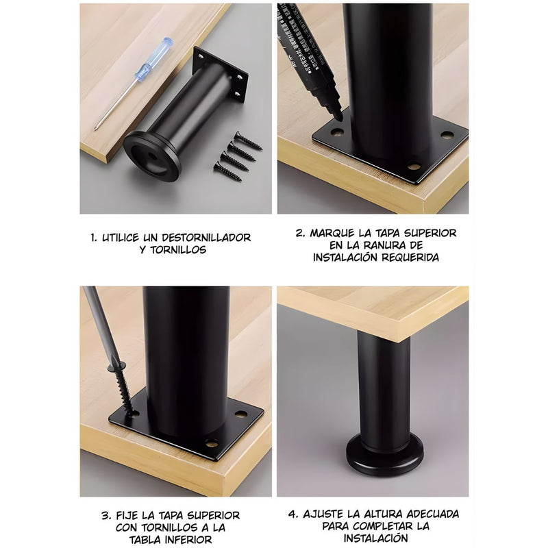 Patas Ajustables para Muebles 18–30cm. Soporte Metálico Reforzado para Sofás, Mesas o Gabinetes. Fáciles de Instalar y Nivelar. Color negro.