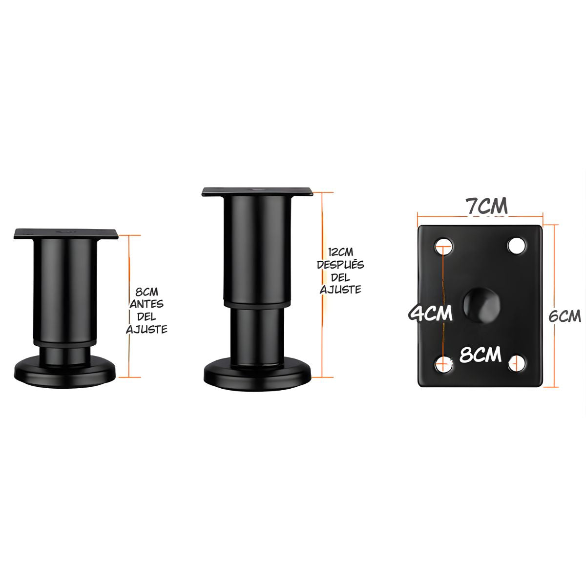 Patas Ajustables para Muebles 8–12cm. Soporte Metálico Reforzado para Sofás, Mesas o Gabinetes. Fáciles de Instalar y Nivelar. Color negro.