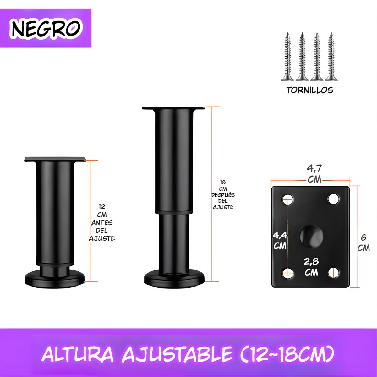 Patas Ajustables para Muebles 12–18cm. Soporte Metálico Reforzado para Sofás, Mesas o Gabinetes. Fáciles de Instalar y Nivelar. Color negro.