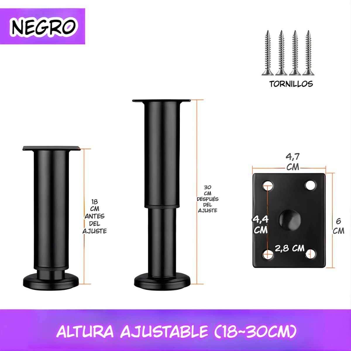 Patas Ajustables para Muebles 18–30cm. Soporte Metálico Reforzado para Sofás, Mesas o Gabinetes. Fáciles de Instalar y Nivelar. Color negro.