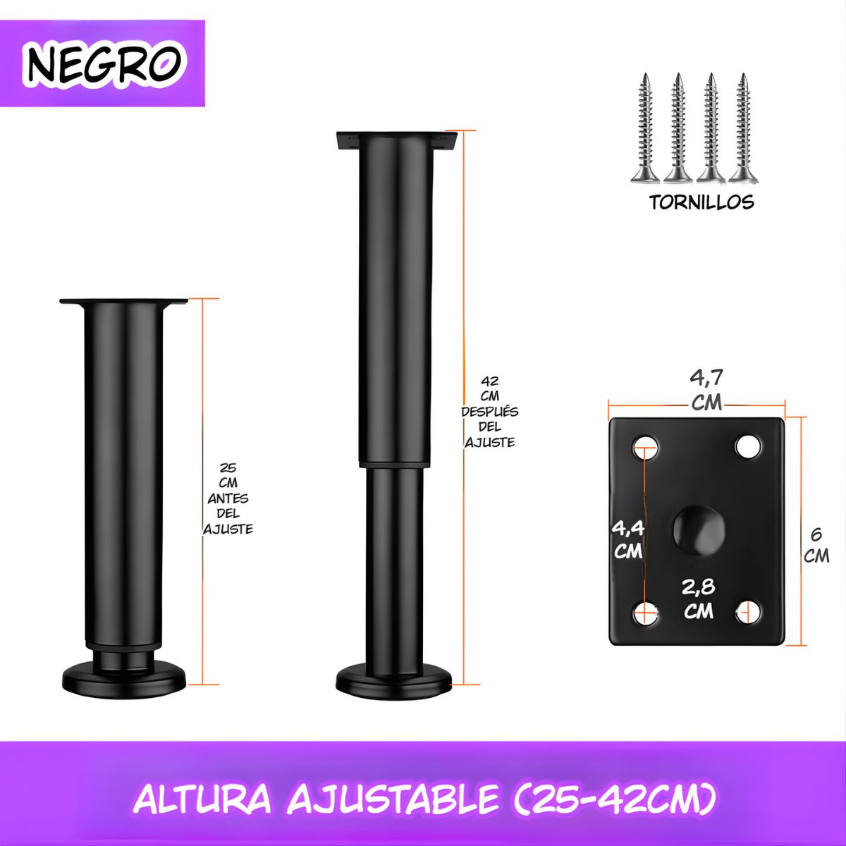 Patas Ajustables para Muebles 25–42cm. Soporte Metálico Reforzado para Sofás, Mesas o Gabinetes. Fáciles de Instalar y Nivelar. Color negro.