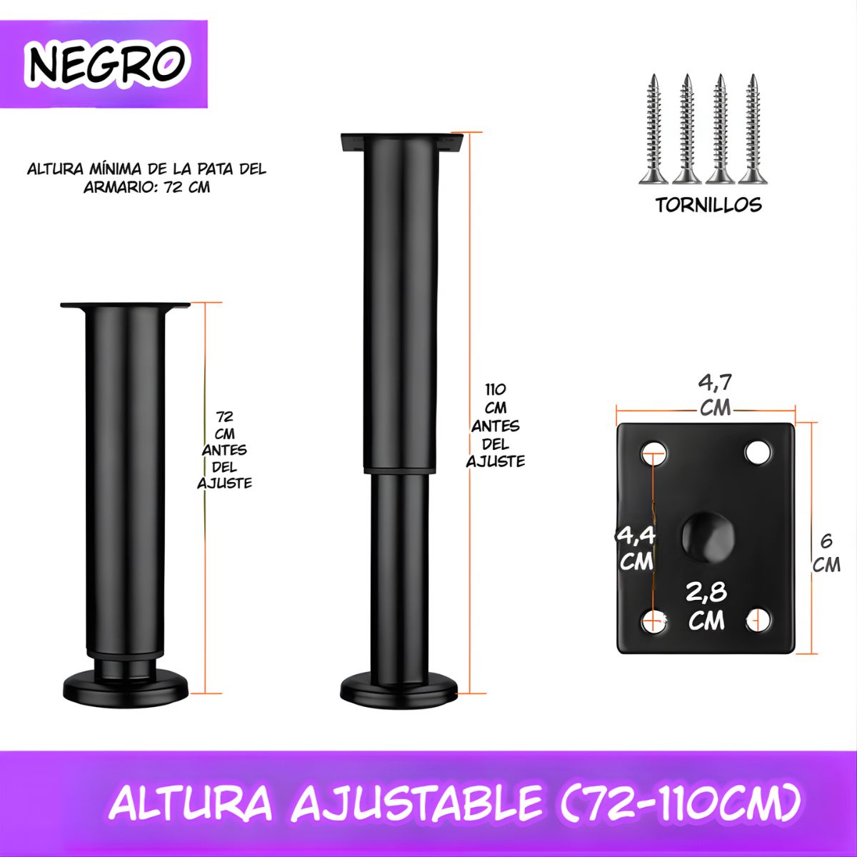 Patas Ajustables para Muebles 72–110cm. Soporte Metálico Reforzado para Sofás, Mesas o Gabinetes. Fáciles de Instalar y Nivelar. Color negro.