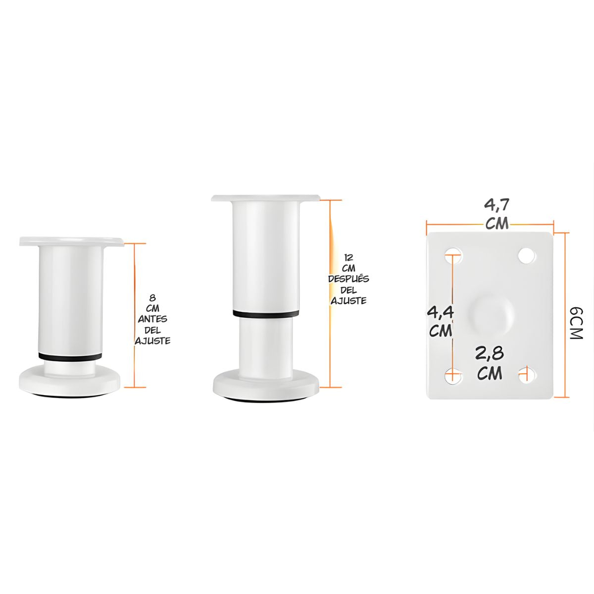 Patas Ajustables para Muebles 8–12cm. Soporte Metálico Reforzado para Sofás, Mesas o Gabinetes. Fáciles de Instalar y Nivelar. Color blanco.
