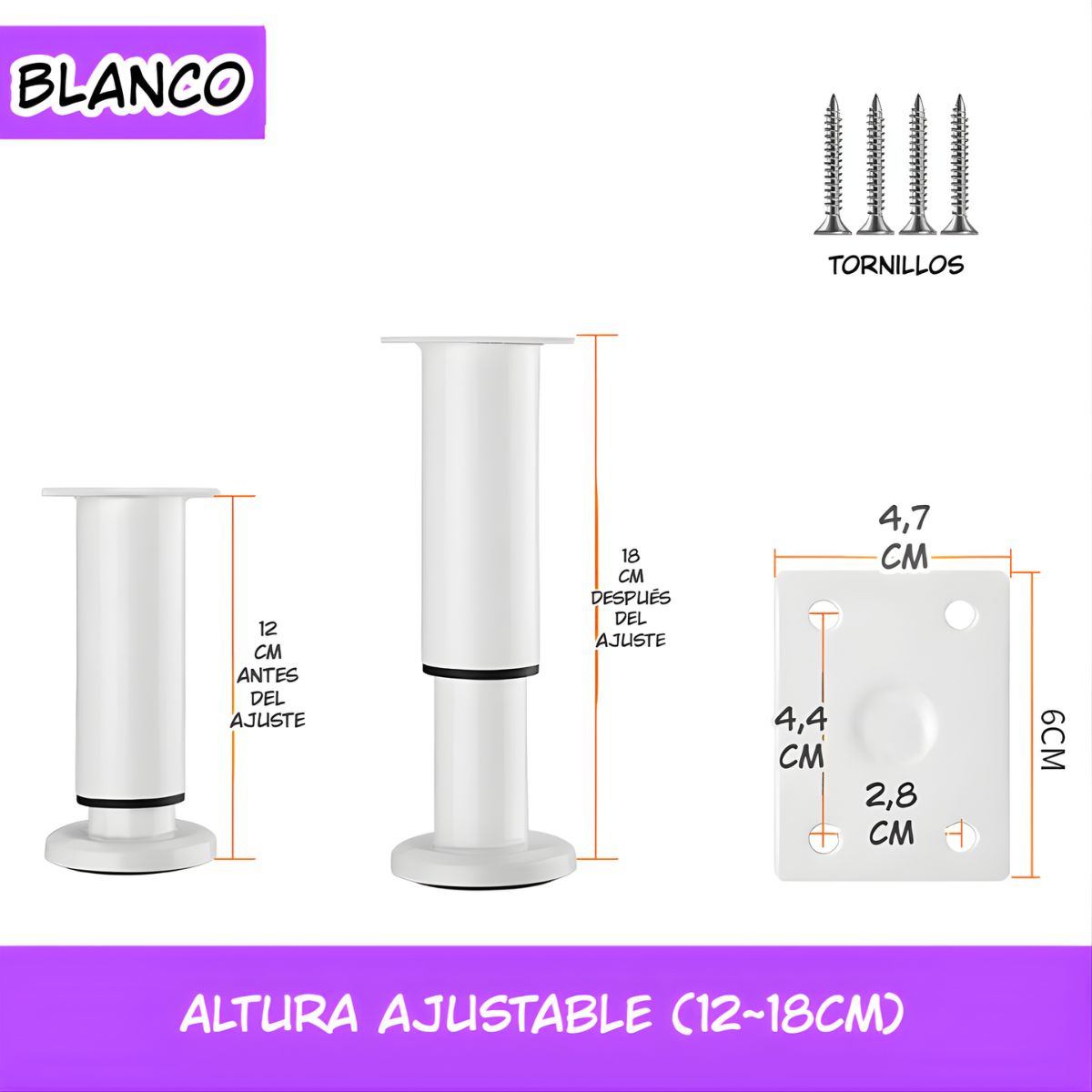 Patas Ajustables para Muebles 12–18cm. Soporte Metálico Reforzado para Sofás, Mesas o Gabinetes. Fáciles de Instalar y Nivelar. Color blanco.