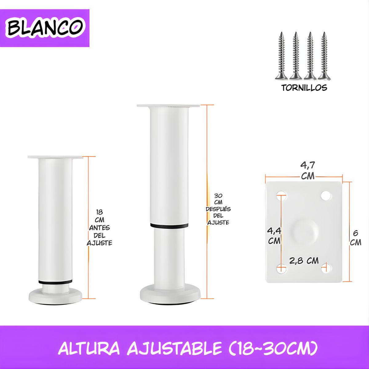 Patas Ajustables para Muebles 18–30cm. Soporte Metálico Reforzado para Sofás, Mesas o Gabinetes. Fáciles de Instalar y Nivelar. Color blanco.