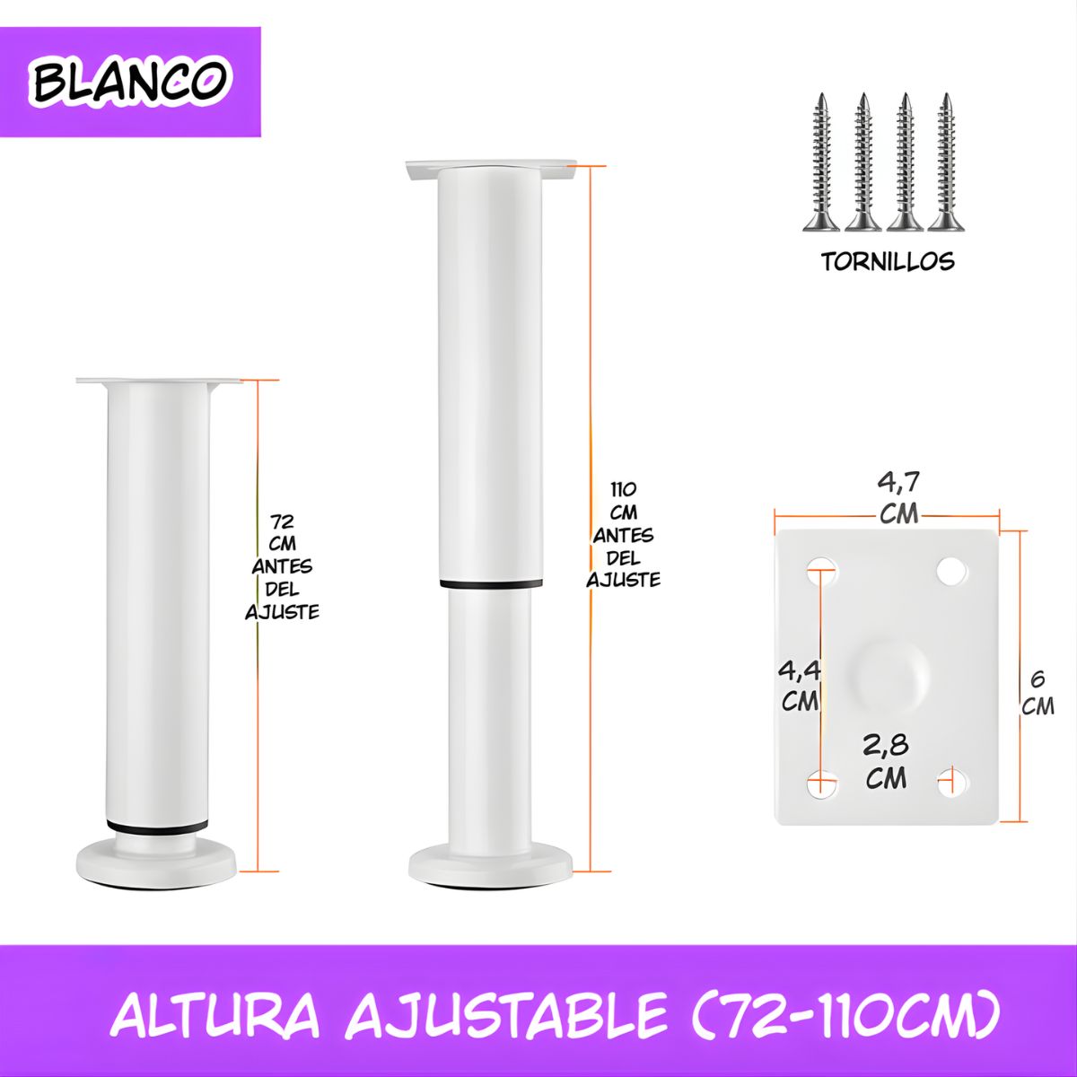 Patas Ajustables para Muebles 72–110cm. Soporte Metálico Reforzado para Sofás, Mesas o Gabinetes. Fáciles de Instalar y Nivelar. Color blanco.