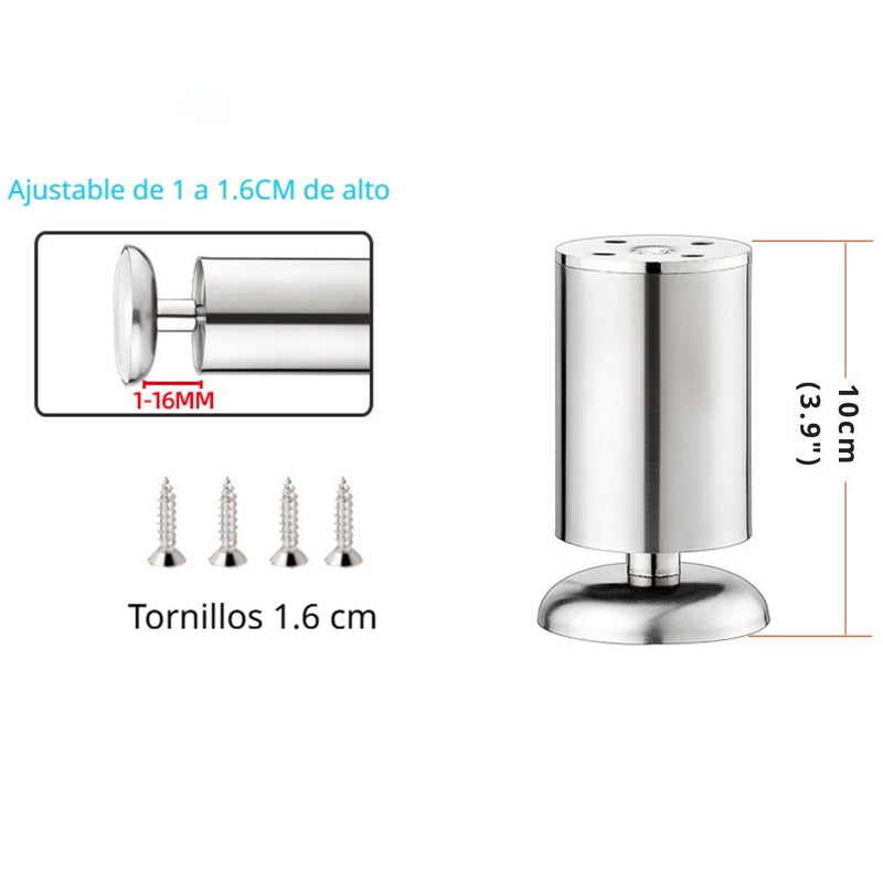 Patas De Muebles niveladores Ajustables De Acero Inoxidable 10 Cm (3.9”) Pie Para Sofás, Camas, Muebles De Cocina Y Armarios. Color Plateado. Incluye Tornillos. (1 und)