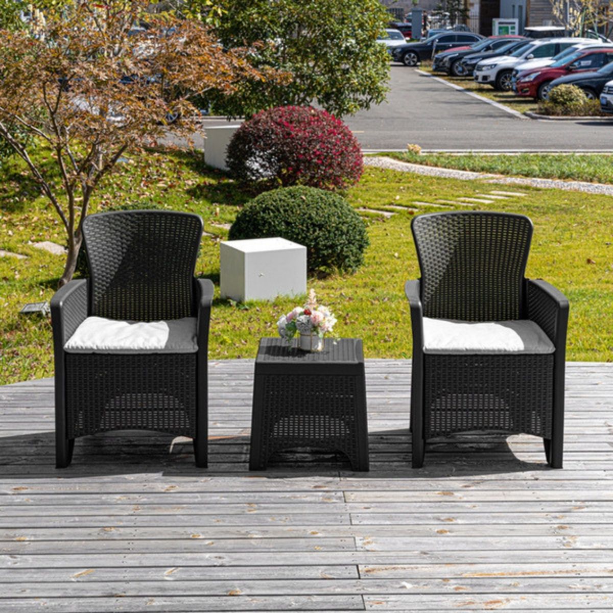 Sillas Y Mesa De Exterior Con Cojines De Polietileno PE Ratán Sintético. Muebles De Exterior Para Terraza, Balcón Y Jardín (Set de 2 Sillas + Mesa de centro). Viene desarmado