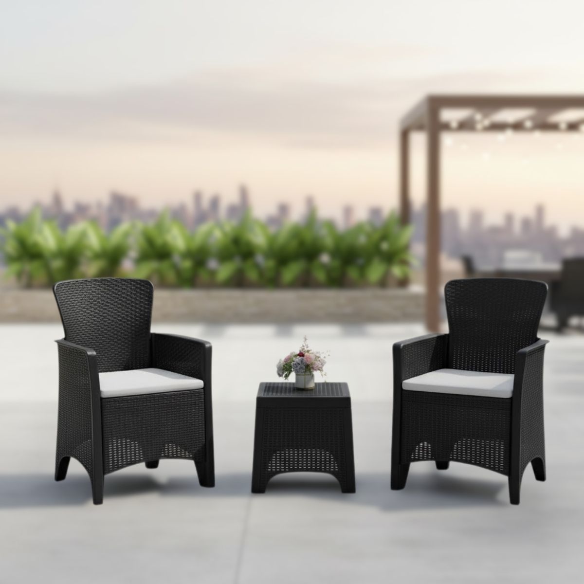 Sillas Y Mesa De Exterior Con Cojines De Polietileno PE Ratán Sintético. Muebles De Exterior Para Terraza, Balcón Y Jardín (Set de 2 Sillas + Mesa de centro). Viene desarmado