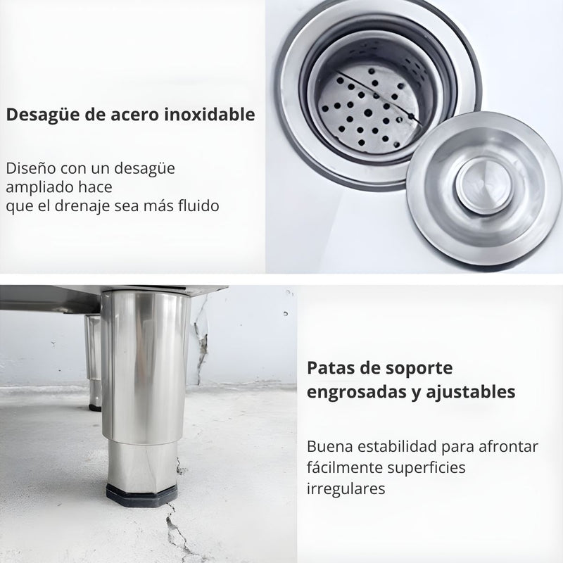 Fregadero Tina De Acero Inoxidable 201 Engrosado 17.7x16.1x21.6” (45x41x55 Cm) Patas Ajustables. Fregador Industrial, Lavadero. Incluye desagüe con tubería cubierta.