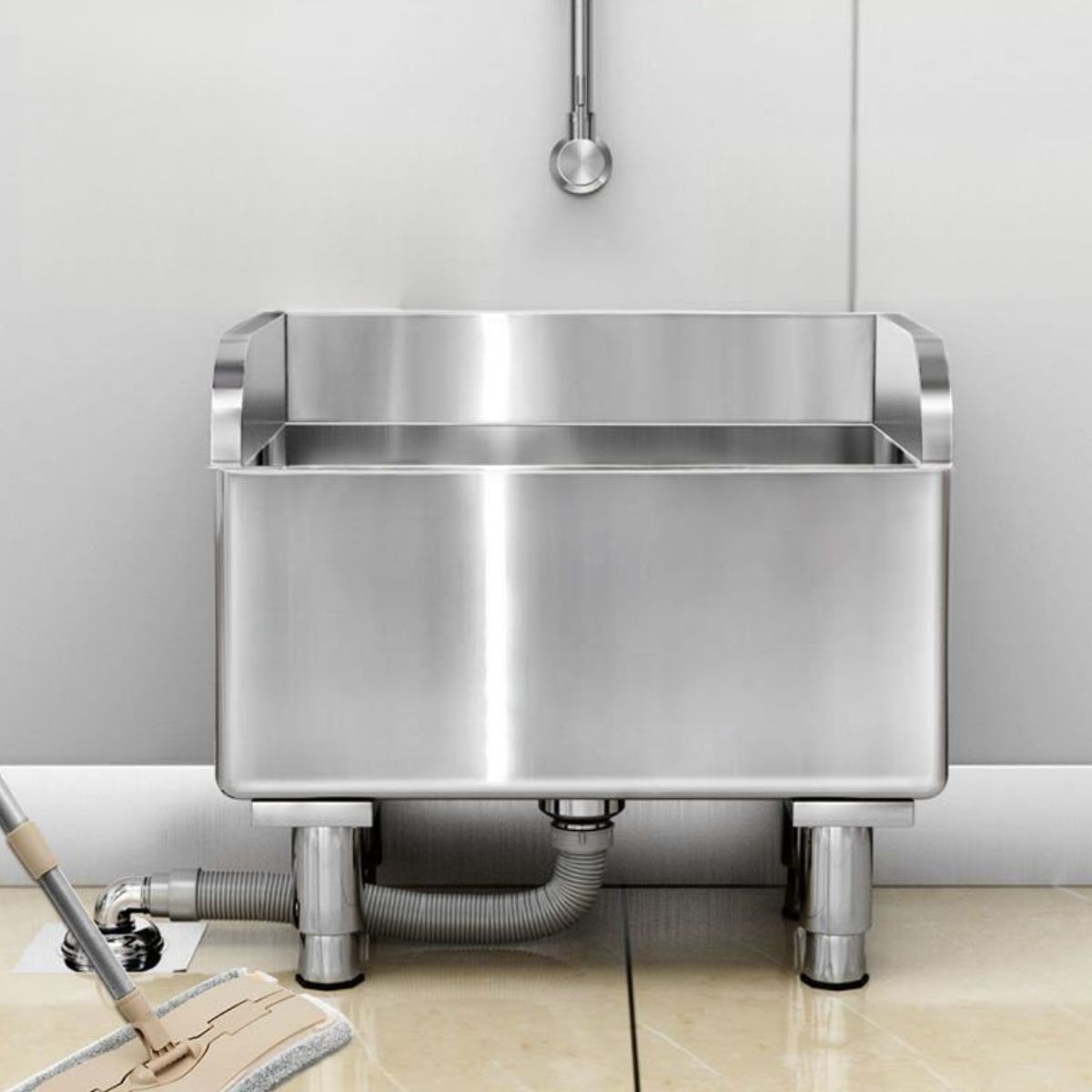 Fregadero Tina De Acero Inoxidable 201 Engrosado 17.7x16.1x21.6” (45x41x55 Cm) Patas Ajustables. Fregador Industrial, Lavadero. Incluye desagüe con tubería cubierta.