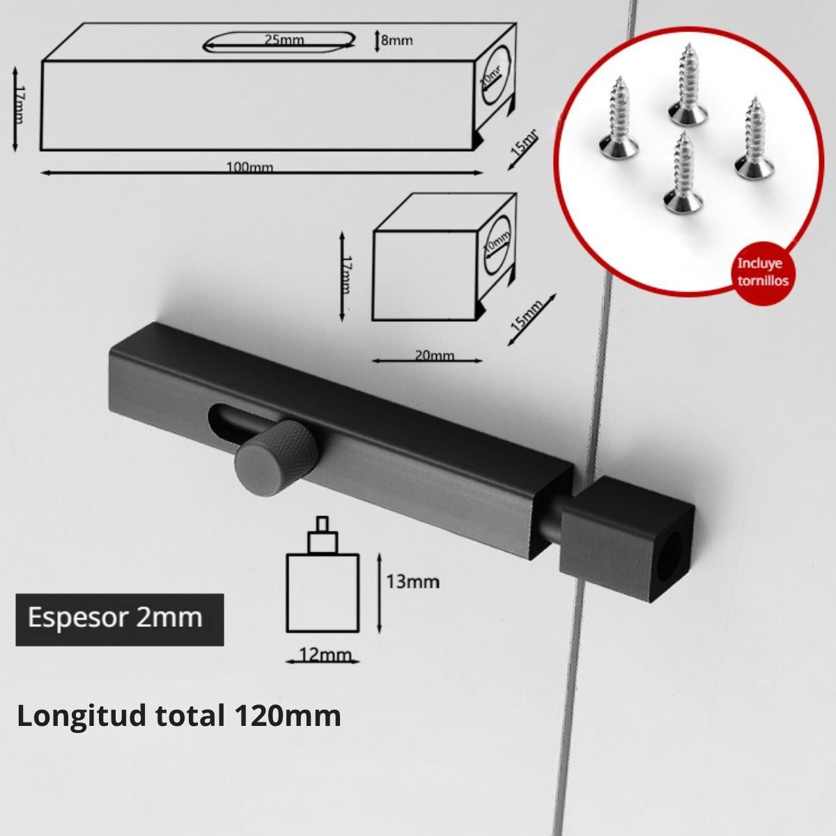 Picaporte Cerrojo Pasador Tipo Perno De 4” (10 Cm) Con Tornillos. De Aluminio Para Puertas y Ventanas. Aldaba. Color Negro