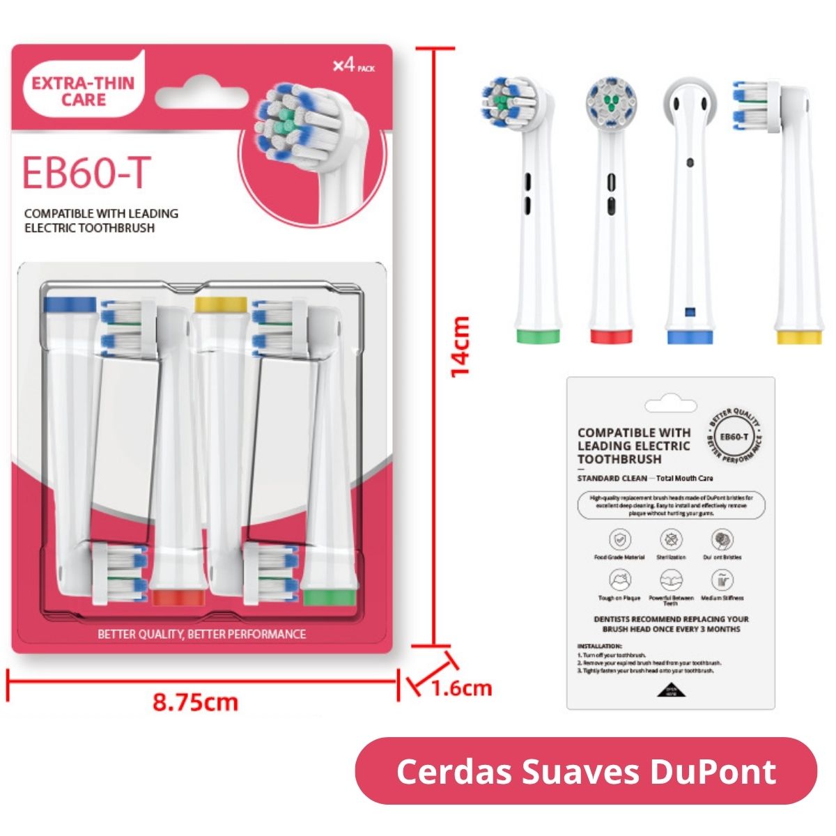 Cabezales De Repuesto Para Cepillo Dental Eléctrico De Cerdas Suaves(4 Unds). Compatible Con TU719 TU770  Y Oral-B