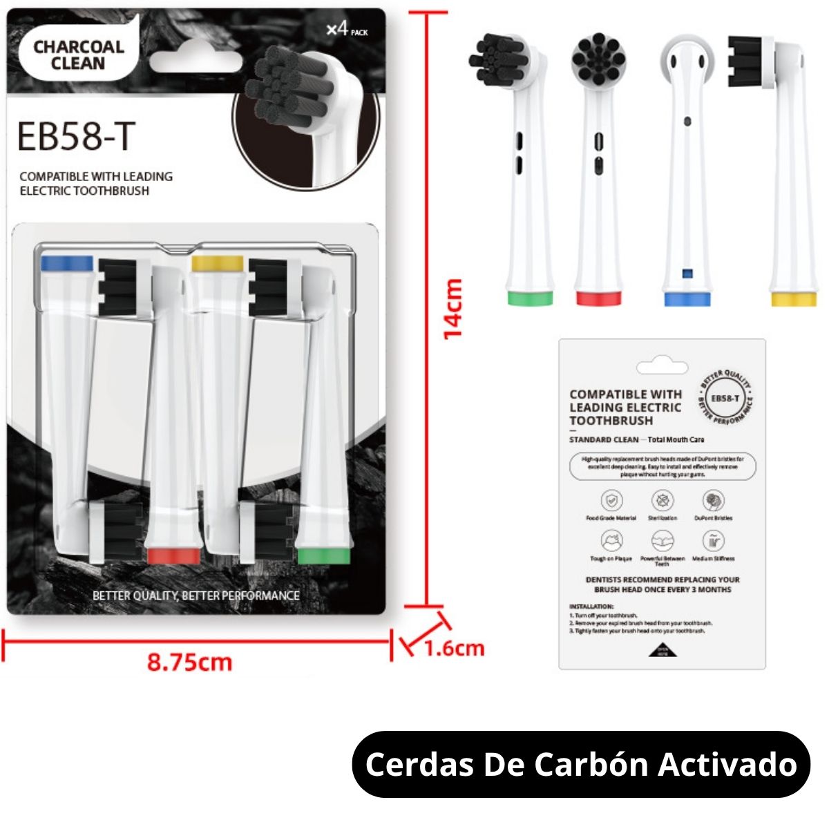 Cabezales De Repuesto Para Cepillo Dental Eléctrico De Cerdas De Carbón Activado (4 Unds). Compatible Con TU719 TU770 Y Oral-B