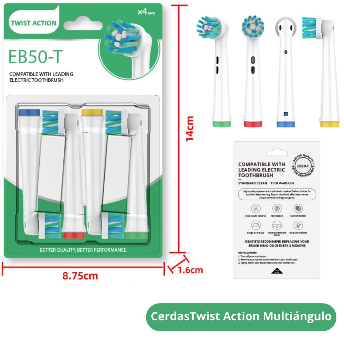 Cabezales De Repuesto Para Cepillo Dental Eléctrico De Cerdas DuPont Twist Action (4 Unds). Compatible Con TU719 TU770 Y Oral-B